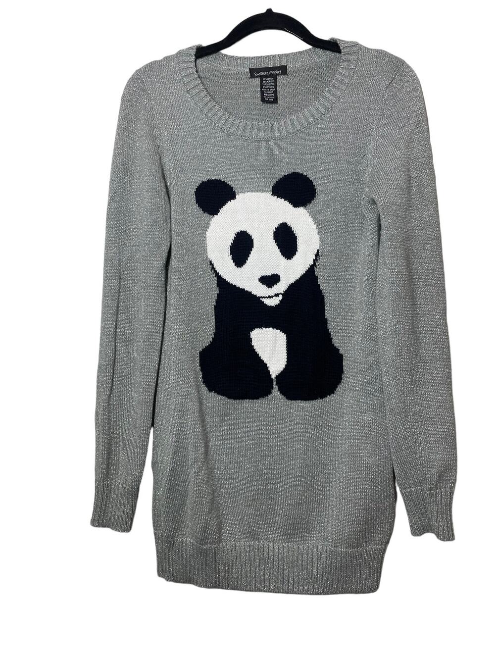 Sweater Project Panda Bear Tunic Sweater Gray Silver Metallic Sz Medium Sparkly